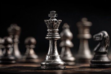 A metallic king chess piece in focus, flanked by other pieces, dark backdrop