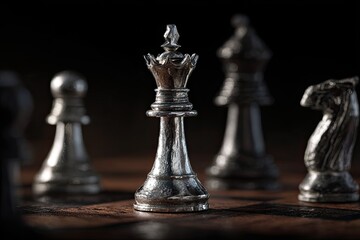 Close-up view of chess pieces, emphasizing the silver king, on a detailed wooden board