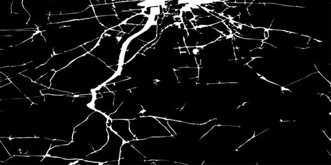 Dark black grunge texture featuring shattered broken glass fragments made with various white scratched cracks, distressed scratches, cracked surfaces, and dramatic impact details.