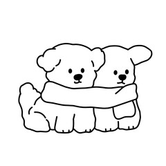Simple black-and-white line-art of two dogs hugging closely, symbolizing affection, comfort, and sweet companionship in a cute minimalist style.