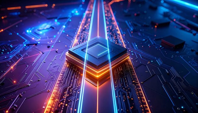 Futuristic Glowing CPU Processor on Dark Circuit Board with Blue and Orange Light Trails Illustrating AI, Big Data, and High-Speed Digital Computing - Powered by Adobe