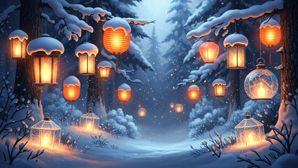 Enchanted winter forest scene with glowing lanterns illuminating snow-covered trees creating a magical and cozy holiday atmosphere