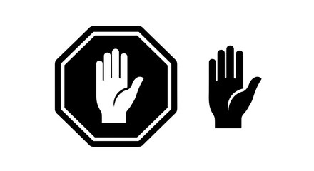 Black and white stop hand sign icon, symbolizing warning, prohibition, and refusal, for safety and restricted access.