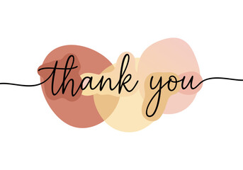 Elegant 'thank you' message in continuous line art with abstract watercolor shapes on a transparent background.