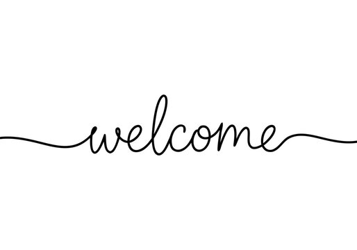 Elegant continuous line art of the word 'welcome' in a flowing script on a clean transparent background, symbolizing hospitality and greeting.