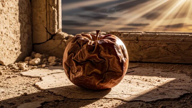 Red Apple Decaying and Wrinkling on Stone Ledge in Time Lapse