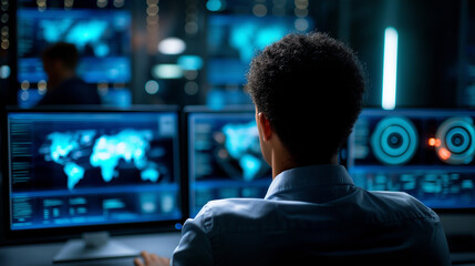 Faceless cybersecurity analyst in dark security operations center SOC illuminated only by glow from multiple monitors displaying global threat maps graphs and data streams, with co