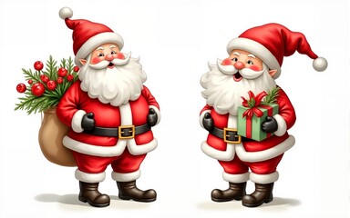 Obraz premium Two vintage watercolor illustrations of Santa Claus holding flowers and gifts. Clip art isolated on a white background, perfect for Christmas designs and decorations 2026 - 2027. High quality
