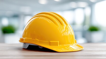Yellow hard hat on wooden table bright yellow hard hat resting on a rustic wooden table ready for work tasks