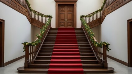 Grand Wooden Staircase with Red Carpet and Festive Greenery in a Stately Building.