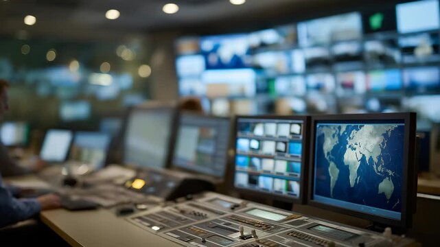 High-tech broadcasting control room filled with glowing monitors and multilingual news tickers, where editors manage worldwide correspondents, emphasizing real-time global reporting, media