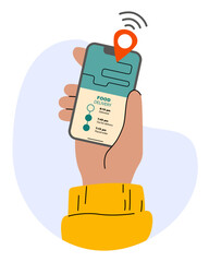 Online service food delivery icon, order food, shopping food using smartphone. Vector illustration isolated on white background.