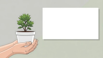 Hands holding a small potted plant next to a blank white rectangular frame, symbolizing growth and new beginnings.