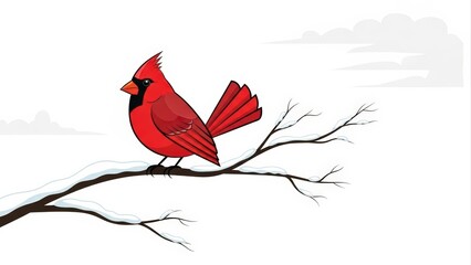 Vibrant Red Cardinal Perched on a Bare Branch in a Minimalist Winter Scene.