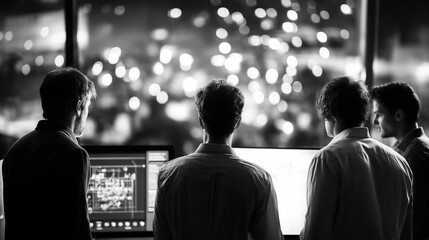 Fototapeta premium Happy faceless engineering team reviews CAD blueprint on light table in smart factory control room, analyzing AI-driven automation system plan at night, defocused collaborative rev