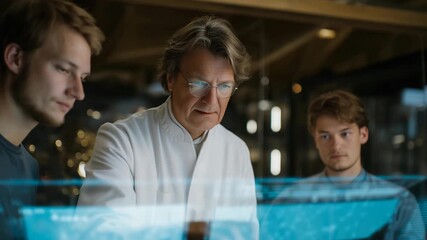 Senior scientist in lab coat explaining digital data models to younger engineers using holographic display, symbolizing intergenerational collaboration, scientific mentorship, and knowledge - Powered by Adobe