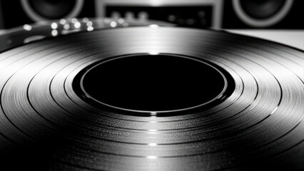 Close-up of a vinyl record on a turntable, showcasing its grooves and reflective surface in black and white.
