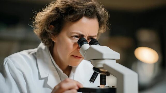 Scientist examining compostable polymers under microscope, emotion of curiosity visible, symbolizing eco-material research, biodegradable packaging, and environmental innovation. cinematic color