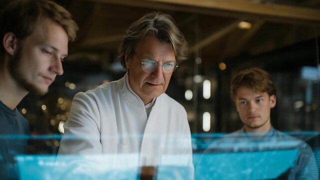 Senior scientist in lab coat explaining digital data models to younger engineers using holographic display, symbolizing intergenerational collaboration, scientific mentorship, and knowledge