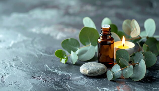 Essential oil bottle, eucalyptus leaves, burning candle, spa wellness still life, stone texture background, copy space