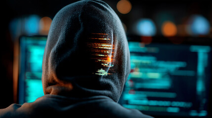 Cyber attack nextgen SOC text in foreground screen, faceless anonymous hacker hidden in blurred background, vulnerability text in binary system ASCII art style code on editor scree