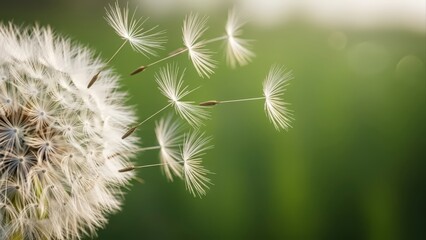 Fototapeta premium Close-up of a dandelion with seeds blowing away in the wind against a soft green background.