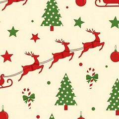 Festive Christmas Pattern with Reindeer, Trees, and Stars.