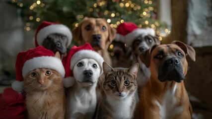 Warmly decorated pet shelter with volunteers wearing Santa hats cuddling rescued dogs and cats beside a twinkling Christmas tree — heartwarming visual of compassion, animal welfare, and festive