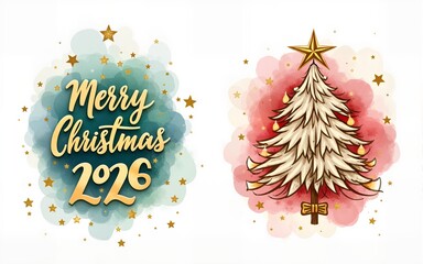 set of Merry Christmas and Happy New Year 2026 greeting card, poster, banner, holiday cover. Xmas template in watercolor style with 2026 design in gold green blue and red colors for ads and promo web