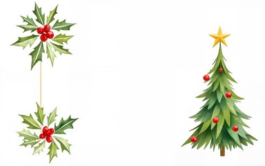 Christmas banners with watercolor hand drawn holiday mistletoe, holly, Christmas tree. Festive mood, elegant vintage style. Vector sketch illustration. High quality