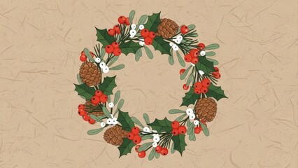 Christmas Wreath with Pinecones and Berries on a Rustic Background.