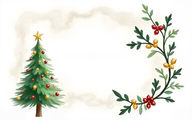 Christmas banners with watercolor hand drawn holiday mistletoe, holly, Christmas tree. Festive mood, elegant vintage style. Vector sketch illustration. High quality