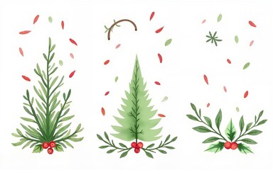 Christmas banners with watercolor hand drawn holiday mistletoe, holly, Christmas tree. Festive mood, elegant vintage style. Vector sketch illustration. High quality