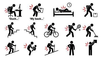 Back Pain Scenarios &ndash; Cartoon Illustrations of Everyday Activities Causing Discomfort from Poor Posture, Lifting, Pregnancy, Sports, and Ergonomic Strain