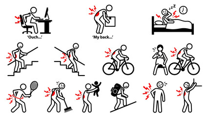 Back Pain Scenarios &ndash; Cartoon Illustrations of Everyday Activities Causing Discomfort from Poor Posture, Lifting, Pregnancy, Sports, and Ergonomic Strain