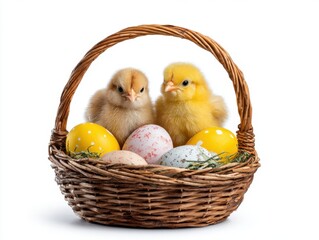 Wicker basket with painted eggs and cute chicks isolated on white background, Happy Easter