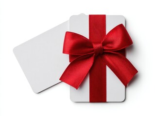 Blank cards with red ribbon and bow isolated on white background, top view