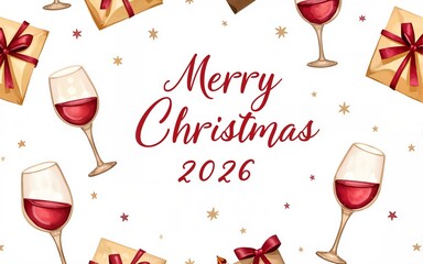 Happy New Year and Merry Christmas seamless pattern with wine glasses, gifts. Winter holiday 2026. hand drawn watercolor illustration on isolated background.  Happy December, January. High quality