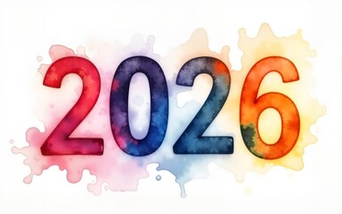 A colorful watercolor "2026" with splashes and gradients blending seamlessly. picture. High quality