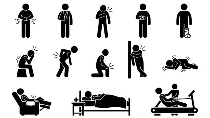 Physical Pain and Recovery Icons &ndash; Silhouette Illustrations of Injury, Discomfort, Medical Care, and Rehabilitation Activities for Health, Therapy, and Safety Awareness