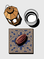 Ramadan Iftar Setup with Lantern, Date, and Glass on Patterned Plate