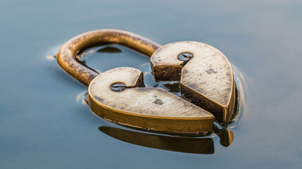 millenary. A broken heart-shaped lock floating on calm water, split in two pieces in soft morning light. wellbeing guides, coaching materials, designed for coaching and self-improvement content.