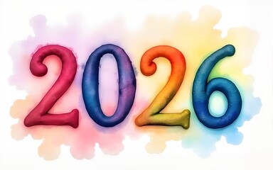 A colorful watercolor "2026" with splashes and gradients blending seamlessly. picture. High quality