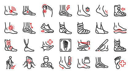 Foot and Ankle Health Icons &ndash; Labeled Visuals of Pain, Injury, Devices, Therapy, and Rehabilitation for Medical, Diagnostic, and Educational Use
