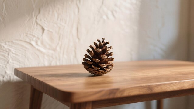 A pinecone resting on a wooden table, with soft light illuminating its intricate details against a textured wall.