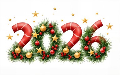 Watercolor number 2026 decorated with fir branches, red berries, golden stars and ornaments, festive detailed christmas typography illustration. High quality