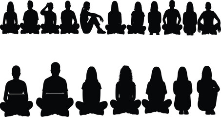 Large Set of People Sitting Silhouettes: Men and Women Cross-Legged and Relaxed, Ideal for Audience, Meditation, Group, and Social Graphics