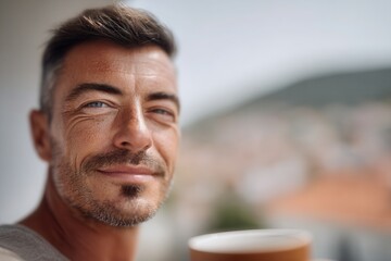 Confident man enjoying a hot drink on a balcony with a blurred town view