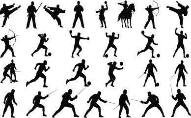 Extensive Vector Silhouettes of Action Sports: Martial Arts, Soccer, Fencing, Archery, and Horse Riding Figures for Competition and Training Designs