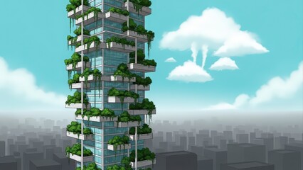 Modern Green Skyscraper with Lush Vertical Gardens Against a Blue Sky.